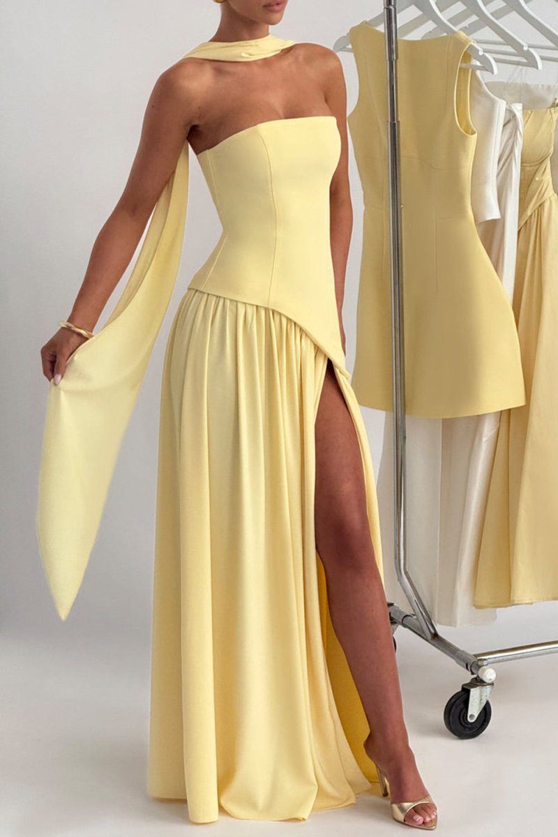 KissProm-Roxanne Yellow Strapless Sheath Chiffon Long Prom Dresses With Slit