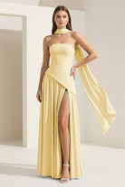 Roxanne | Pink - Strapless Sheath Chiffon Long Prom Dresses With Slit - KissProm