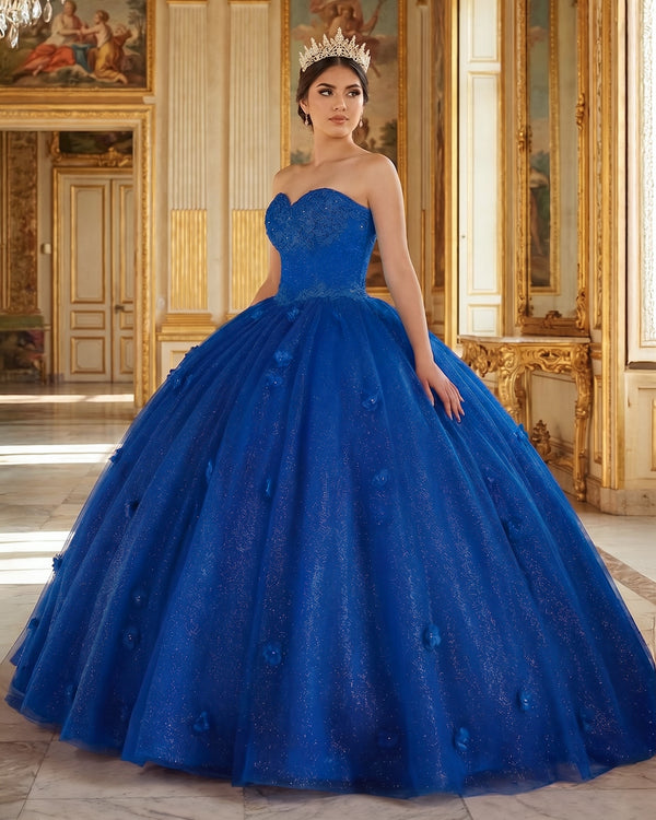 Royal Blue 3D Flowers Glitter Sequins Sleeveless Quinceanera Dresses | KISSPROM
