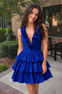 Royal Blue A-Line Deep Halter Satin Short Homecoming Dress with Ruffles | KISSPROM