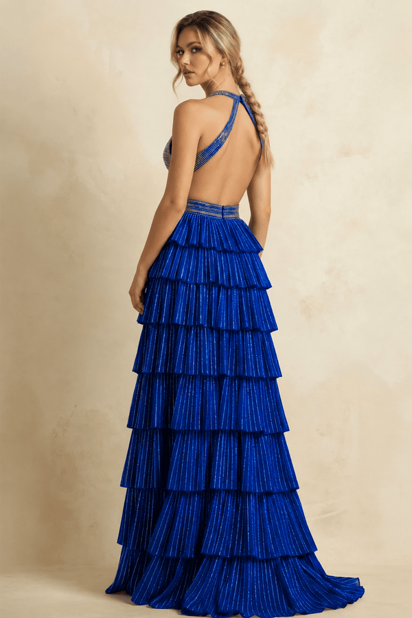 Royal Blue - A - Line Halter Satin Beaded Long Prom Dresses With Ruffles - KissProm