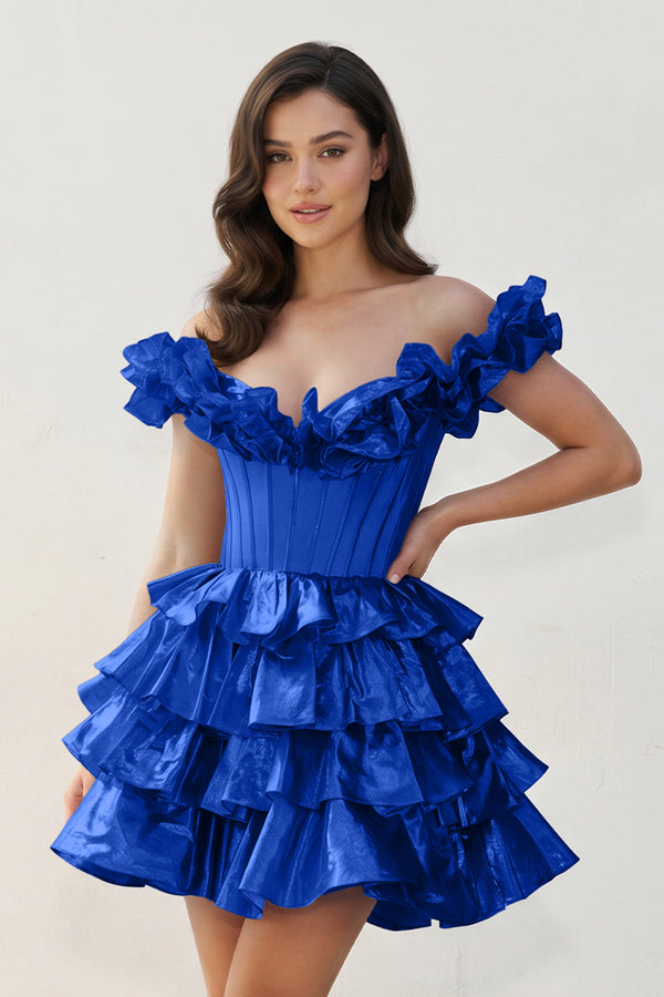 Royal Blue A-Line Off-the-Shoulder Corset Ruffle Tiered Homecoming Dress | KISSPROM