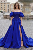 Royal Blue A-Line Off The Shoulder Taffeta Prom Dress With Short Puffy Sleeves | KISSPROM