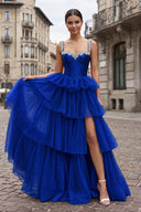 Royal Blue A Line Off the Shoulder Tulle Long Prom Dresses with Beading | KISSPROM