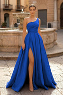Royal Blue A Line One Shoulder Satin Long Formal Dress with Slit | KISSPROM