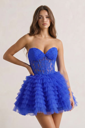 Royal Blue A-Line Ruffled Strapless Corset Short Homecoming Dress | KISSPROM