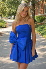 Royal Blue A-Line Strapless Pleated Homecoming Dress with Bow | KISSPROM
