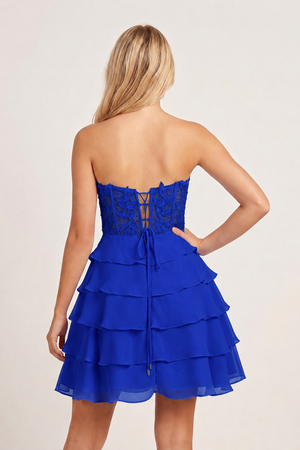 Royal Blue A-Line Strapless Tiered Corset Short Homecoming Dress with Appliques - KISSPROM