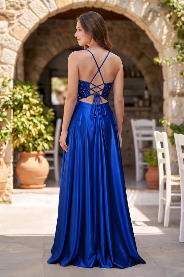 Royal Blue A-Line V-Neck Satin Prom Dress with Slit (2) | KISSPROM