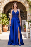 Royal Blue A-Line V-Neck Satin Prom Dress with Slit | KISSPROM