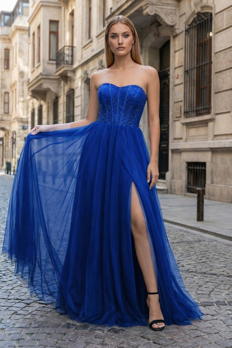 KissProm A-Line Sweetheart Beads Empire-Waist Sleeveless Prom Dress With Slit, Royal Blue / 0