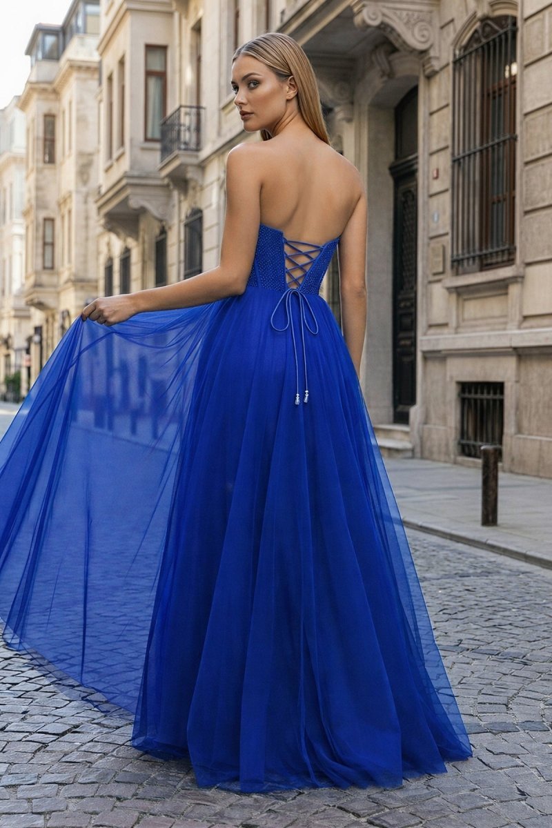 KissProm A-Line Sweetheart Beads Empire-Waist Sleeveless Prom Dress With Slit, Royal Blue / 0