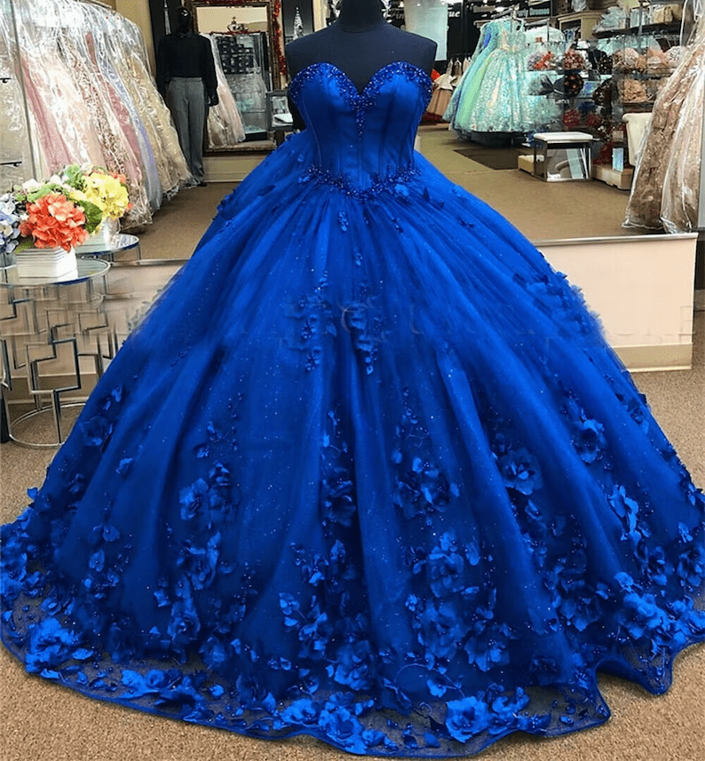 KissProm Royal Blue Ball Gown Quinceanera Dress With 3D Flowers, Royal Blue / 8