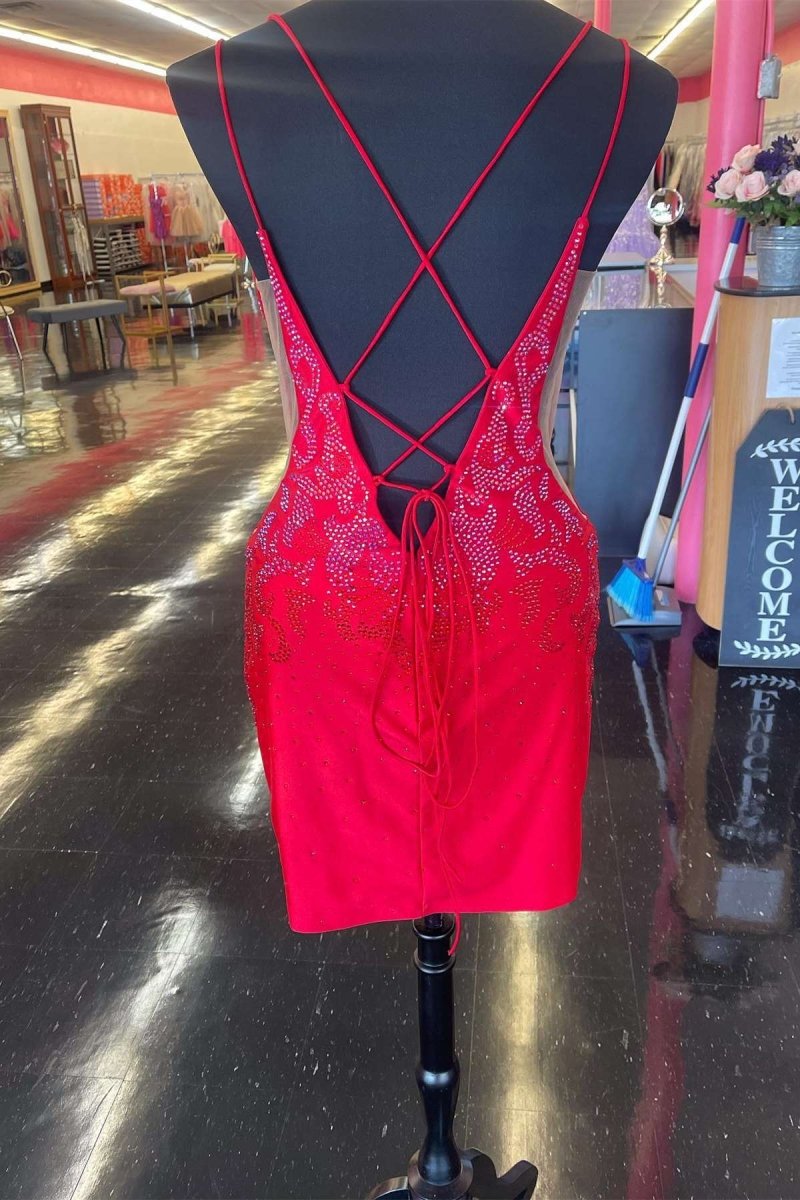 Kerry | Royal Blue Beaded Plunge V Lace-Up Short Homecoming Dress