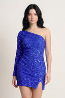 Royal Blue Black Bodycon One-Shoulder Sequins Mini Party Dresses | KISSPROM