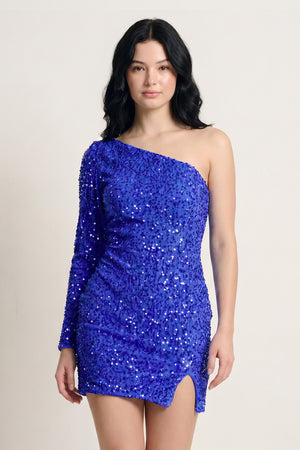 Royal Blue Black Bodycon One-Shoulder Sequins Mini Party Dresses | KISSPROM