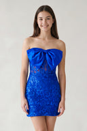 Royal Blue Bodycon Sequined Lace Strapless Corset Homecoming Dresses with Bow | KISSPROM