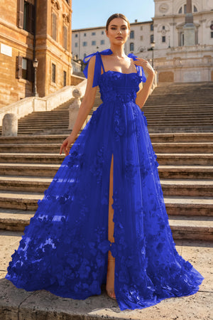 KissProm-Royal Blue Scarlet Tulle A-line 3D Flower Long Prom Dress With Slit