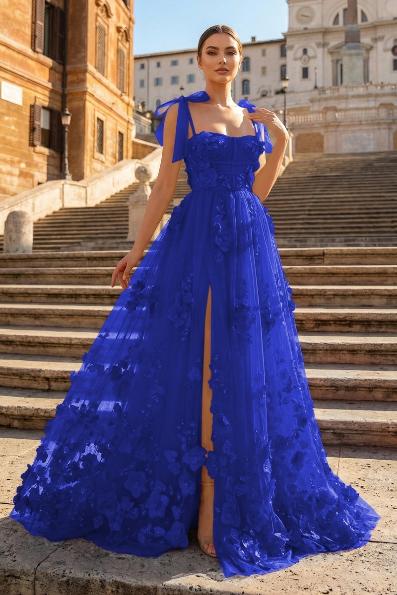 Scarlet Tulle A-line 3D Flower Long Prom Dress With Slit Royal Blue / 6 Scarlet Tulle A-line 3D Flower Long Prom Dress With Slit Royal Blue / 6