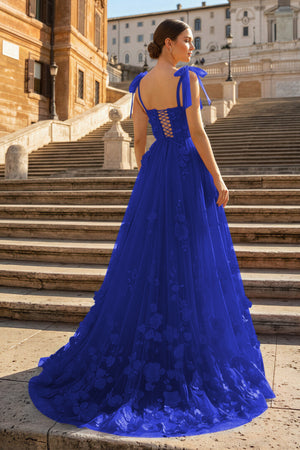 KissProm-Royal Blue Scarlet Tulle A-line 3D Flower Long Prom Dress With Slit