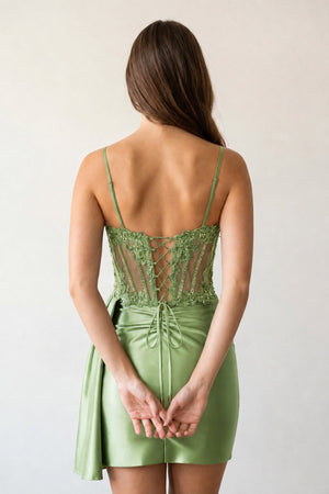 Sage Cami Straps Sheath Satin Corset Appliqued Homecoming Dress - KISSPROM