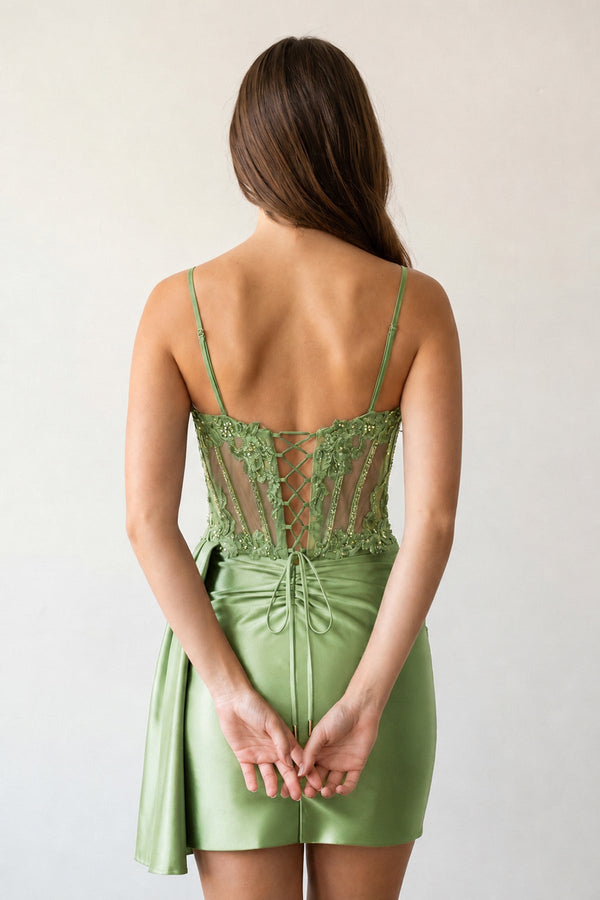 Sage Cami Straps Sheath Satin Corset Appliqued Homecoming Dress - KISSPROM