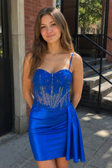 Royal Blue Cami Straps Sheath Satin Corset Appliqued Homecoming Dress - KISSPROM