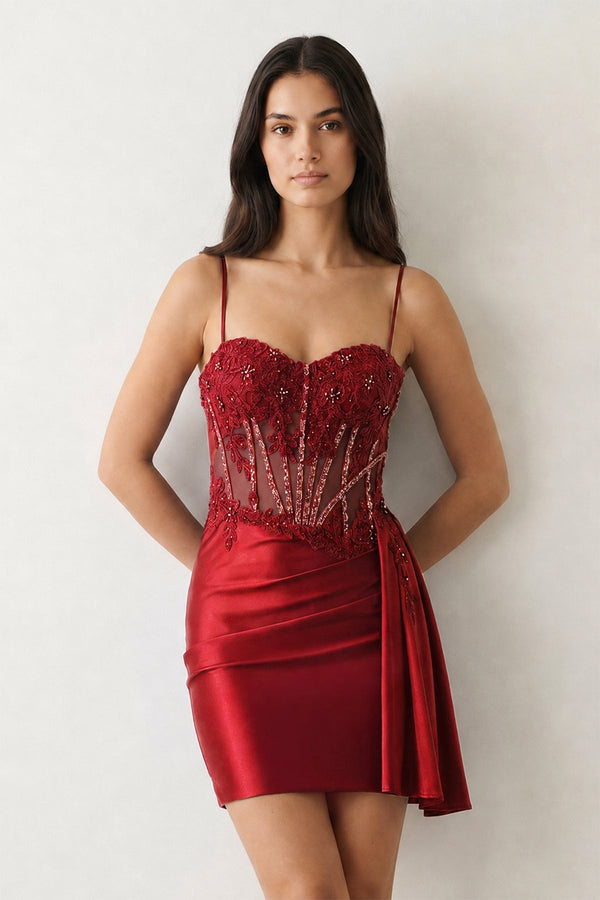 Burgundy Cami Straps Sheath Satin Corset Appliqued Homecoming Dress - KISSPROM