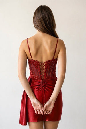 Burgundy Cami Straps Sheath Satin Corset Appliqued Homecoming Dress - KISSPROM