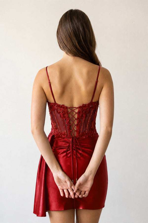 Burgundy Cami Straps Sheath Satin Corset Appliqued Homecoming Dress - KISSPROM