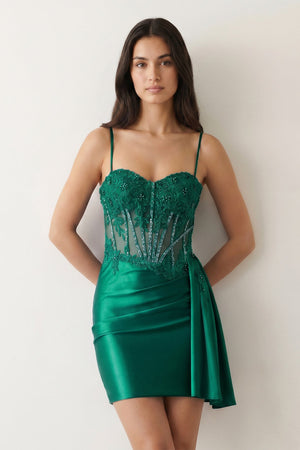 Emerald Cami Straps Sheath Satin Corset Appliqued Homecoming Dress - KISSPROM