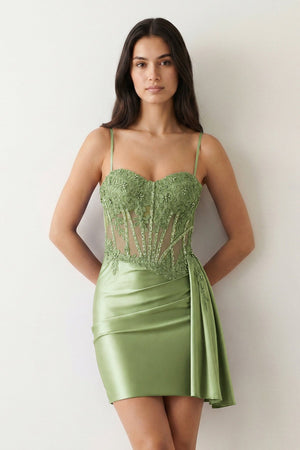 Sage Cami Straps Sheath Satin Corset Appliqued Homecoming Dress - KISSPROM