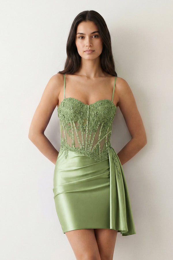 Sage Cami Straps Sheath Satin Corset Appliqued Homecoming Dress - KISSPROM