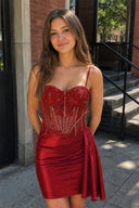 Burgundy Cami Straps Sheath Satin Corset Appliqued Homecoming Dress - KISSPROM
