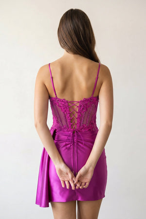 Magenta Cami Straps Sheath Satin Corset Appliqued Homecoming Dress - KISSPROM