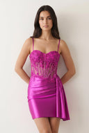 Magenta Cami Straps Sheath Satin Corset Appliqued Homecoming Dress - KISSPROM