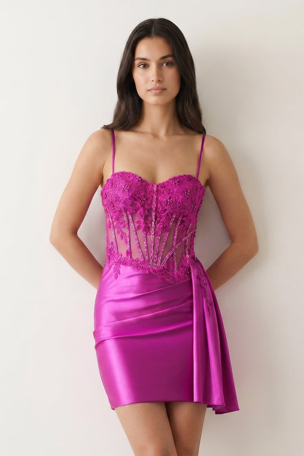 Magenta Cami Straps Sheath Satin Corset Appliqued Homecoming Dress - KISSPROM