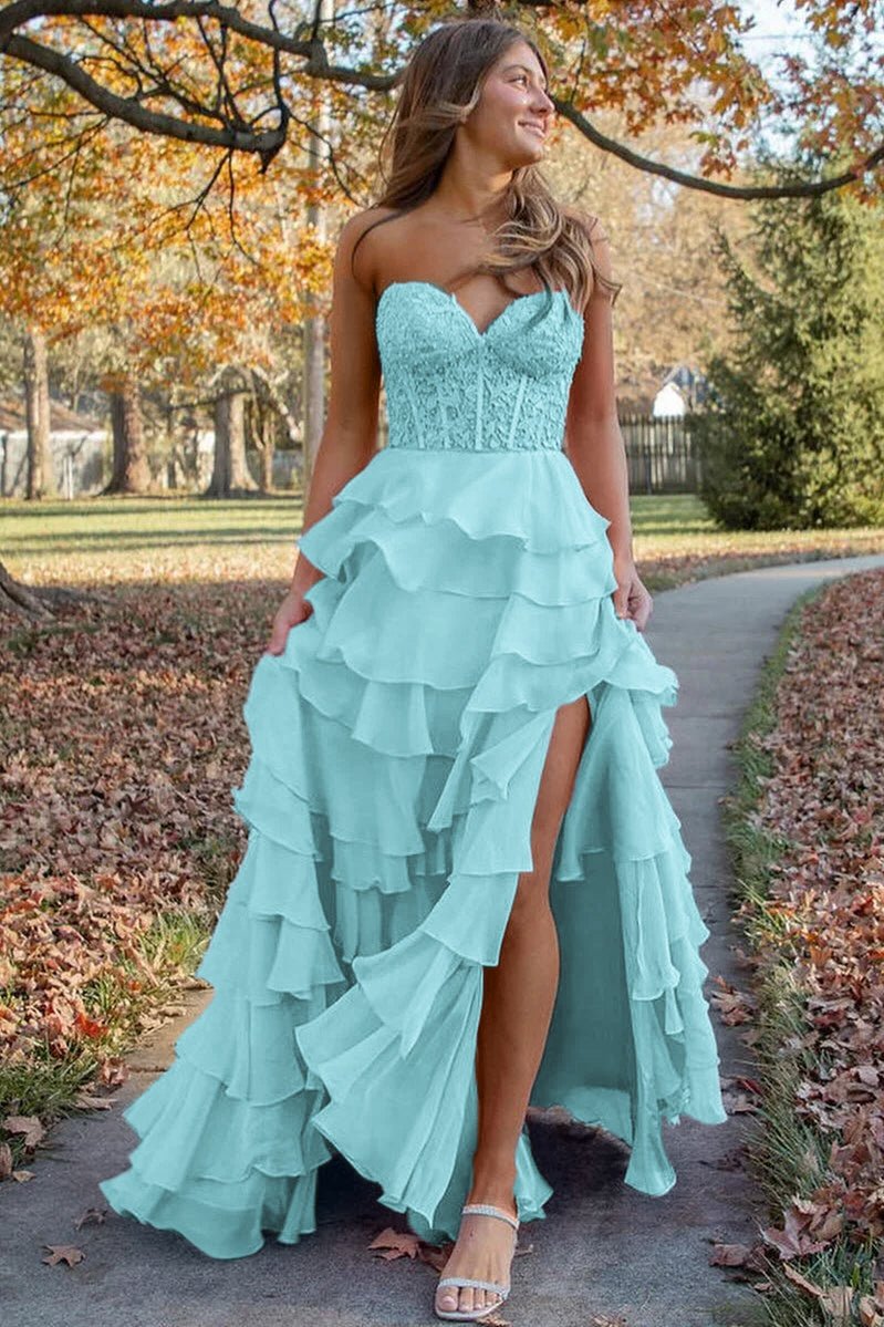 KissProm-Alondra Aqua Chiffon Sweetheart Ruffle Tiered Long Prom Dress