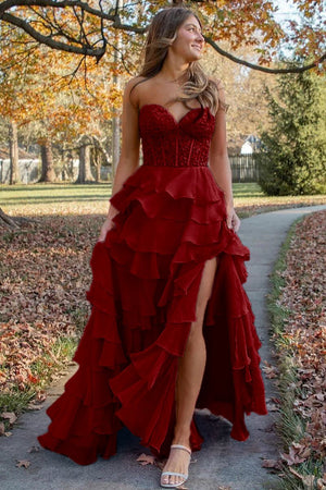 KissProm-Alondra Burgundy Chiffon Sweetheart Ruffle Tiered Long Prom Dress