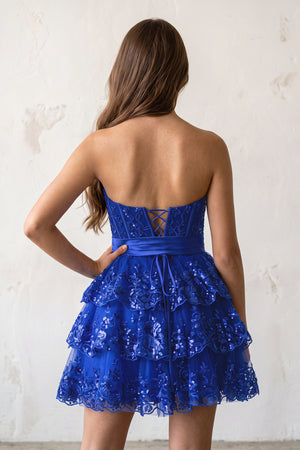 Royal Blue Corset Sequin Appliques Short Party Dress with Bow (2) | KISSPROM