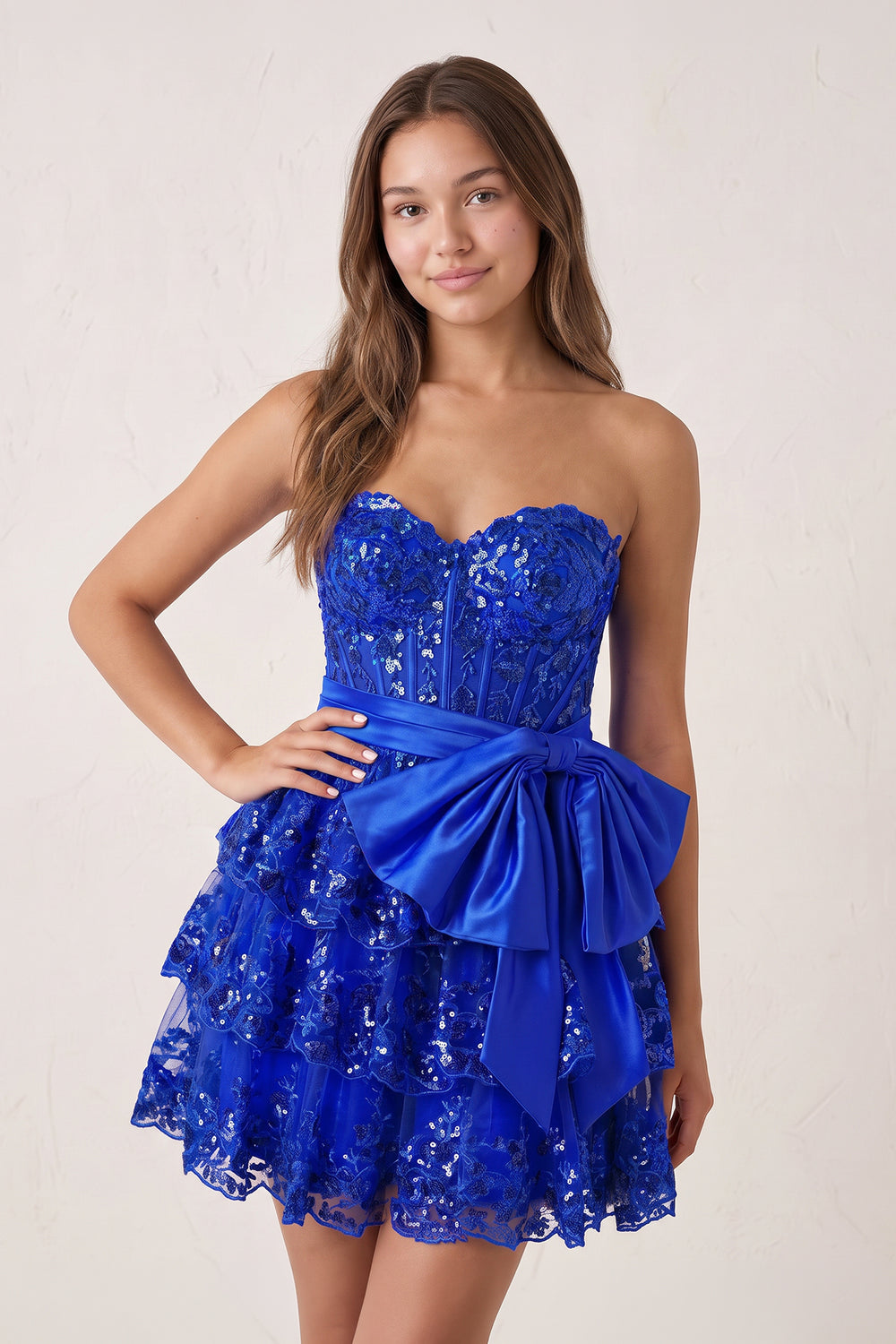 Royal Blue Corset Sequin Appliques Short Party Dress with Bow | KISSPROM
