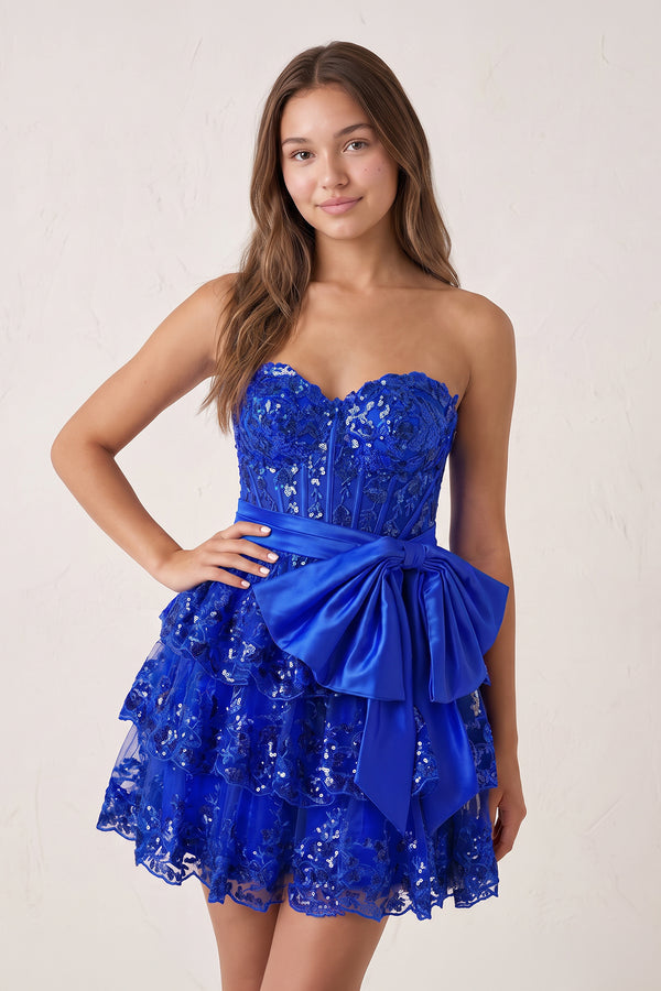 Royal Blue Corset Sequin Appliques Short Party Dress with Bow | KISSPROM