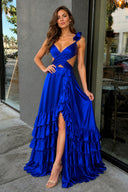 Royal Blue Cutout Ruffle A-Line Long Prom Dress with Slit - KissProm 