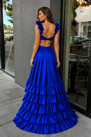 Royal Blue Cutout Ruffle A-Line Long Prom Dress with Slit - KissProm 