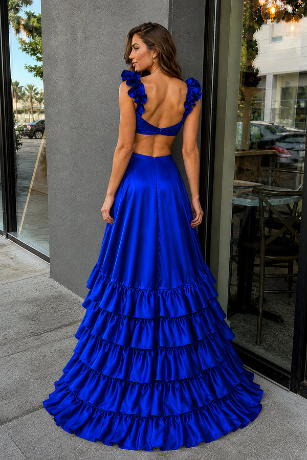 Royal Blue Cutout Ruffle A-Line Long Prom Dress with Slit - KissProm 