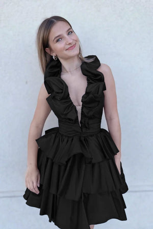 Irisia | A-Line Deep V-Neck Satin Short Homecoming Dress with Ruffles