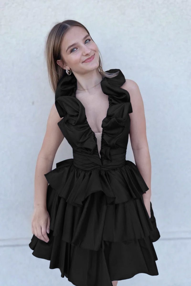 A-Line Deep Halter Satin Short Homecoming Dress with Ruffles Black / 18 A-Line Deep Halter Satin Short Homecoming Dress with Ruffles Black / 18