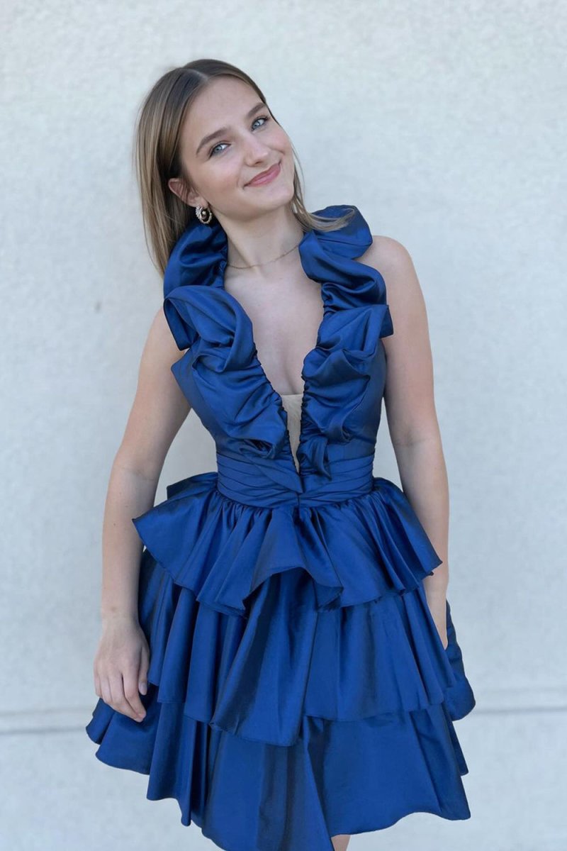 A-Line Deep Halter Satin Short Homecoming Dress with Ruffles Navy Blue / 12