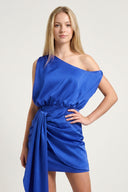 Royal Blue Dusty Blue Sheath One Shoulder Satin Homecoming Dresses with Drape| KISSPROM