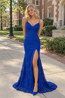 Royal Blue Elegant Long Mermaid Spaghetti Straps Sleeveless Lace Prom Dress With Slit | KISSPROM